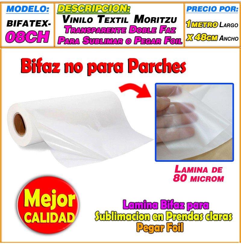 BIFATEX-08CH, Lamina Bifaz Transparente p/ Sublimar o Pegar Foil ( NO PARA PEGAR PARCHES )